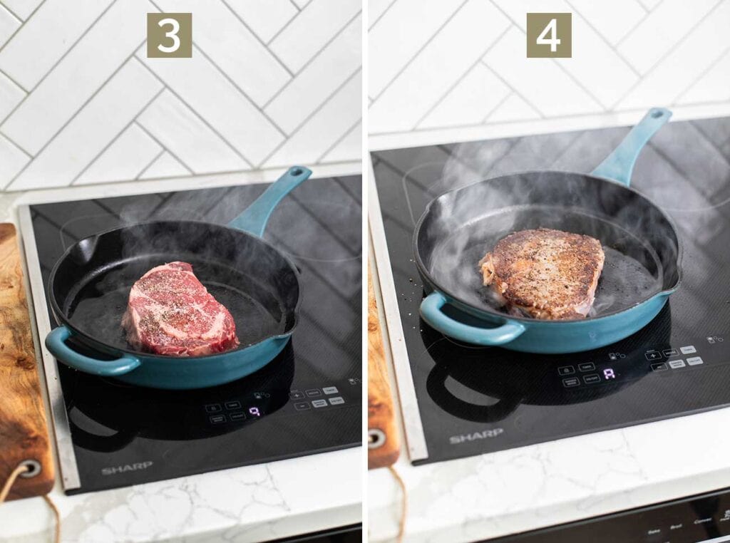 Shows how to preheat a skillet to a very hot temperature and then cooking the steak until it has a nice charred crust.