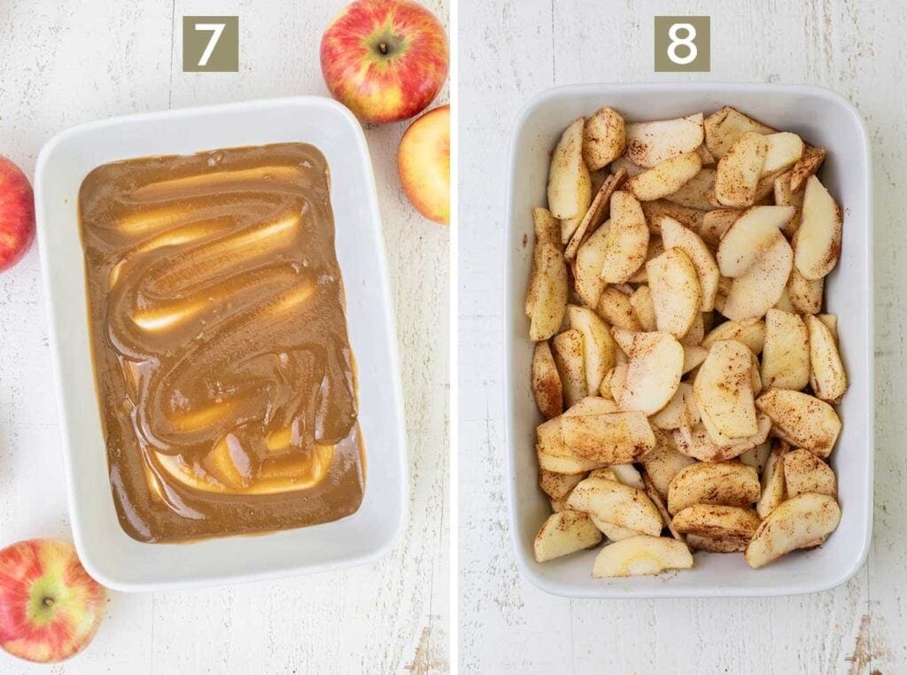 Add the caramel sauce to a baking dish and then add the apple slices on top.