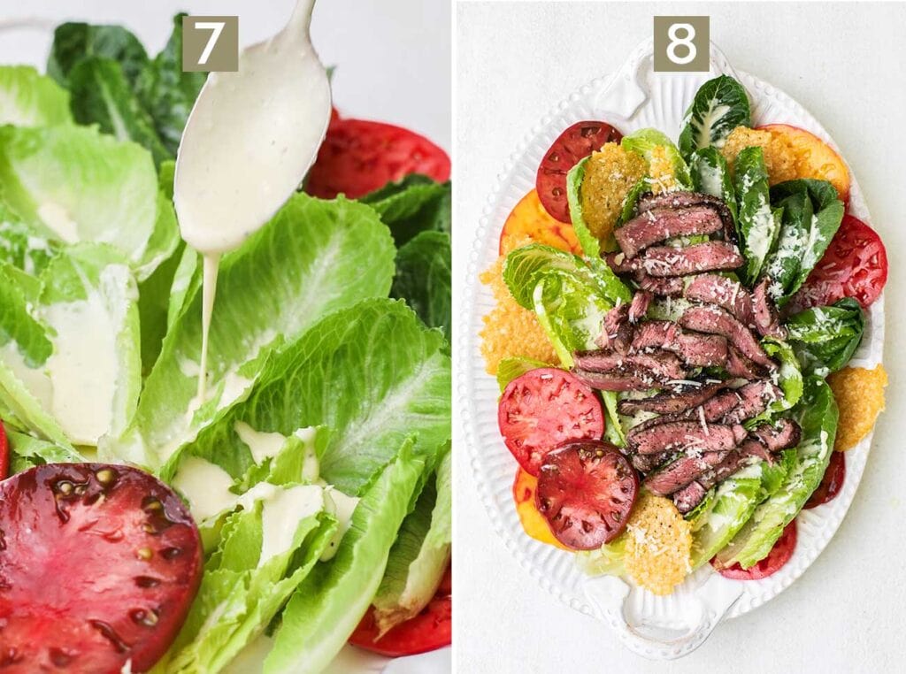 Drizzling the romaine with creamy caesar dressing, and then topping the lettuce with sliced steak.