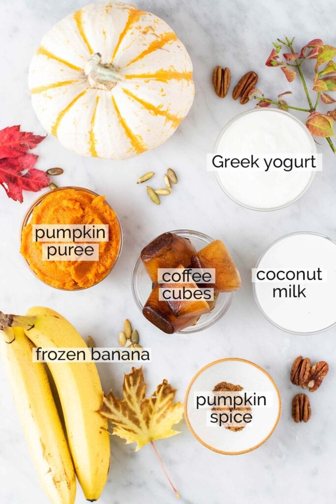 The ingredients needed to make a pumpkin coffee smoothie.