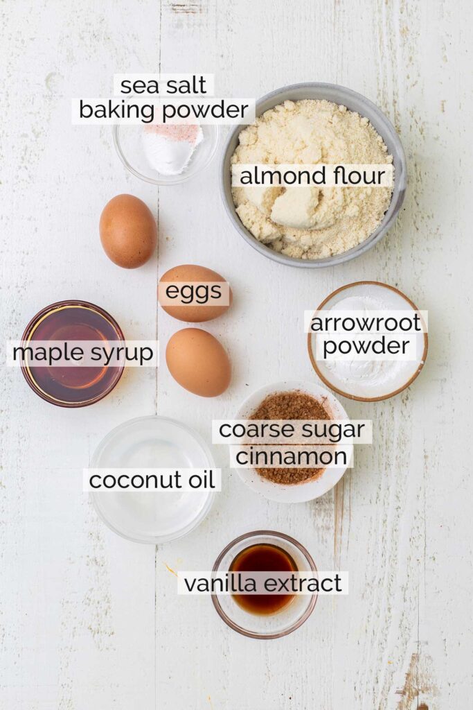 The ingredients for a vanilla almond flour cake.