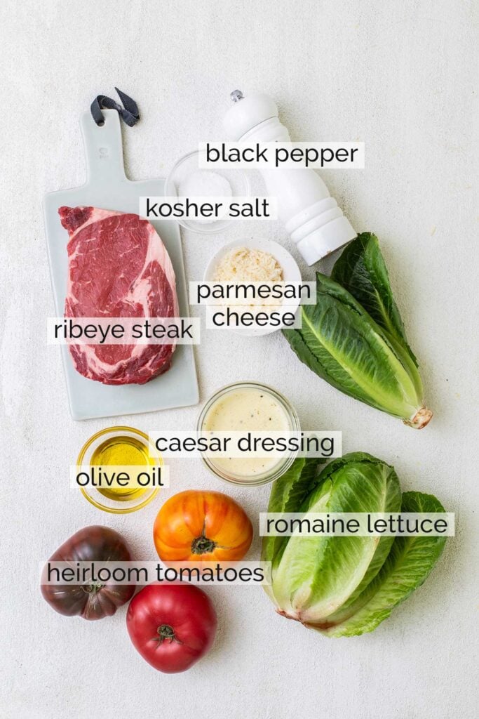 Ingredients used to make a steak caesar salad.