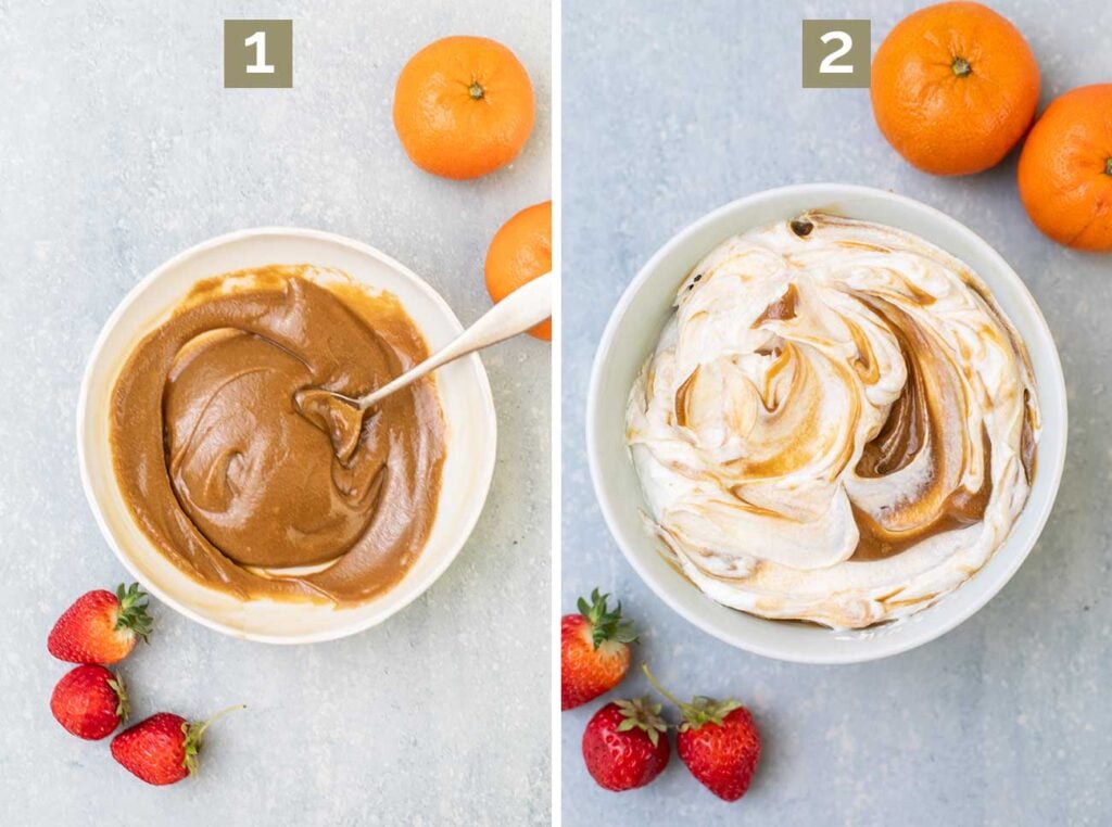 Step 1 shows making a simple caramel sauce, and step 2 shows mixing the caramel sauce into the yogurt.