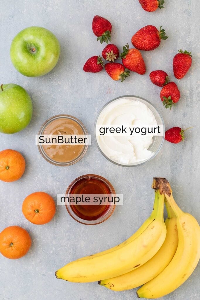 The 3-ingredients needed to make a yogurt fruit dip.