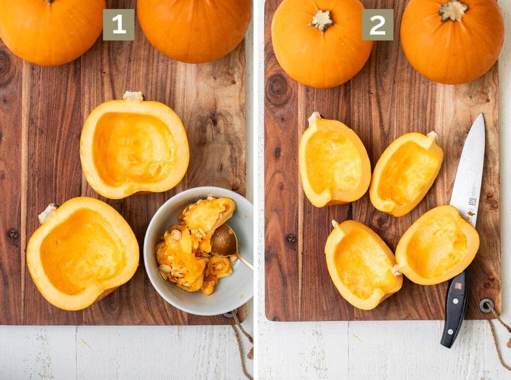 Showing how to cut the sugar pumpkins, remove the seeds, and prep the raw pumpkin to be roasted.