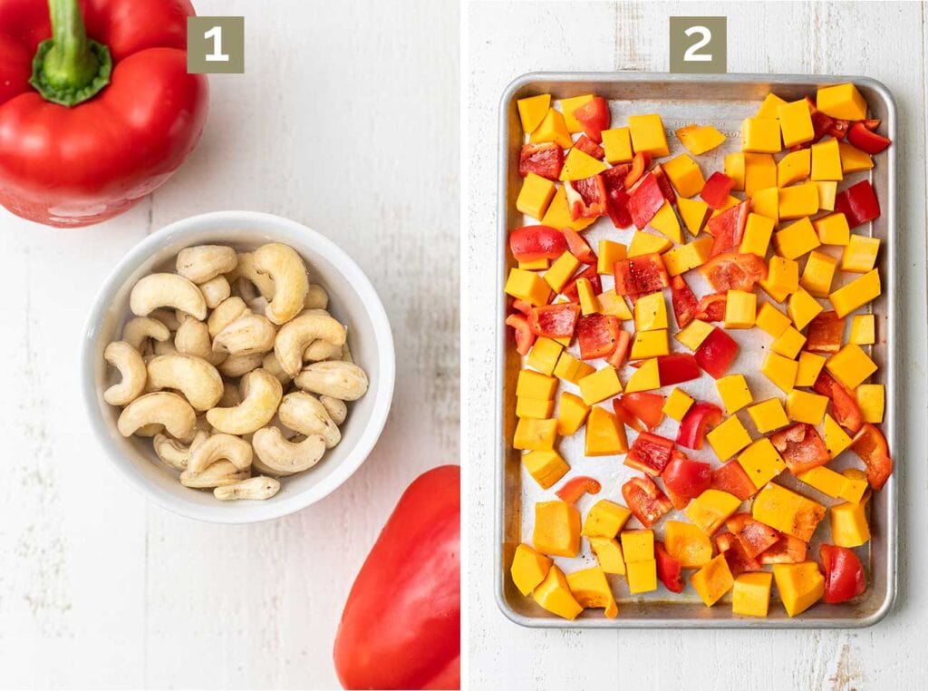 Step 1 shows soaking the cashews. Step 2 shows roasting butternut squash and red peppers until lightly charred.