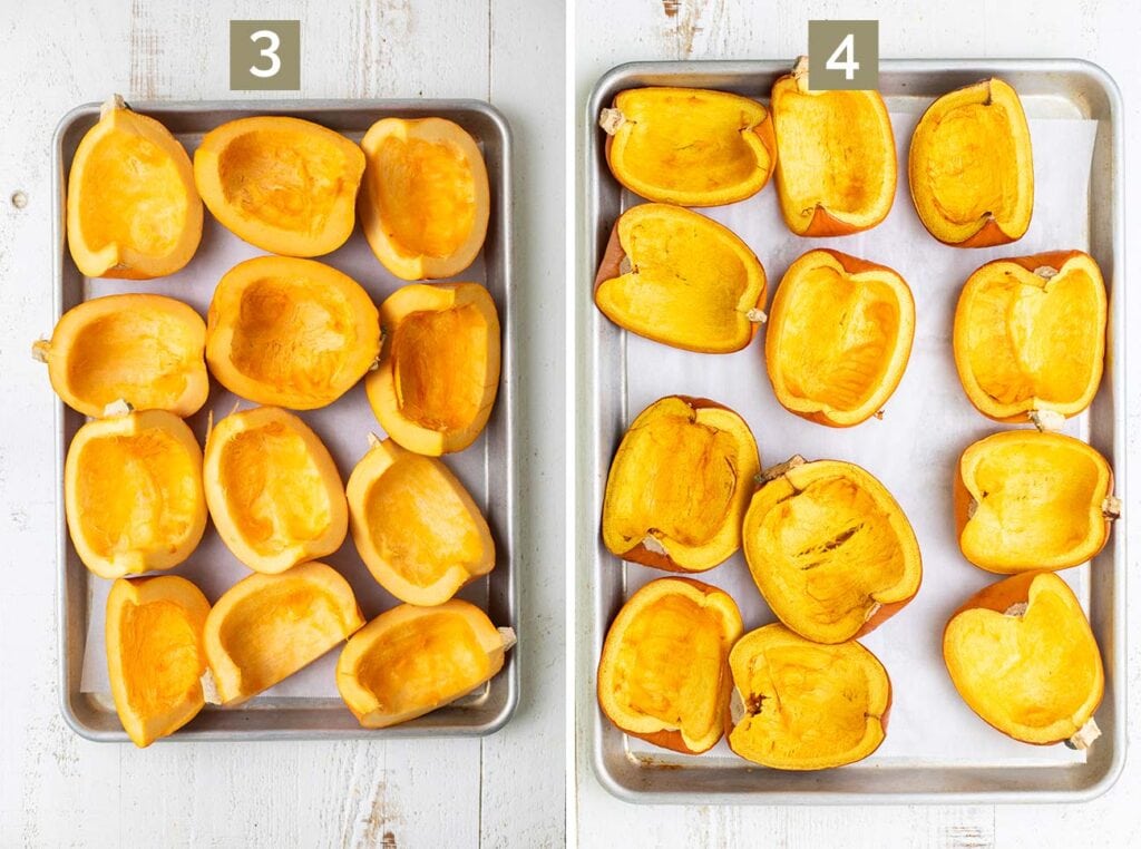 Two photos showing adding the pumpkin to a large baking sheet, and what the pumpkin looks like after its been roasted.