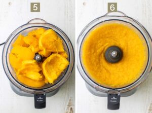 Two photos showing the roasted pumpkin being scooped out of the skin and added to a food processor, and a smooth puree shown in a food processor bowl.