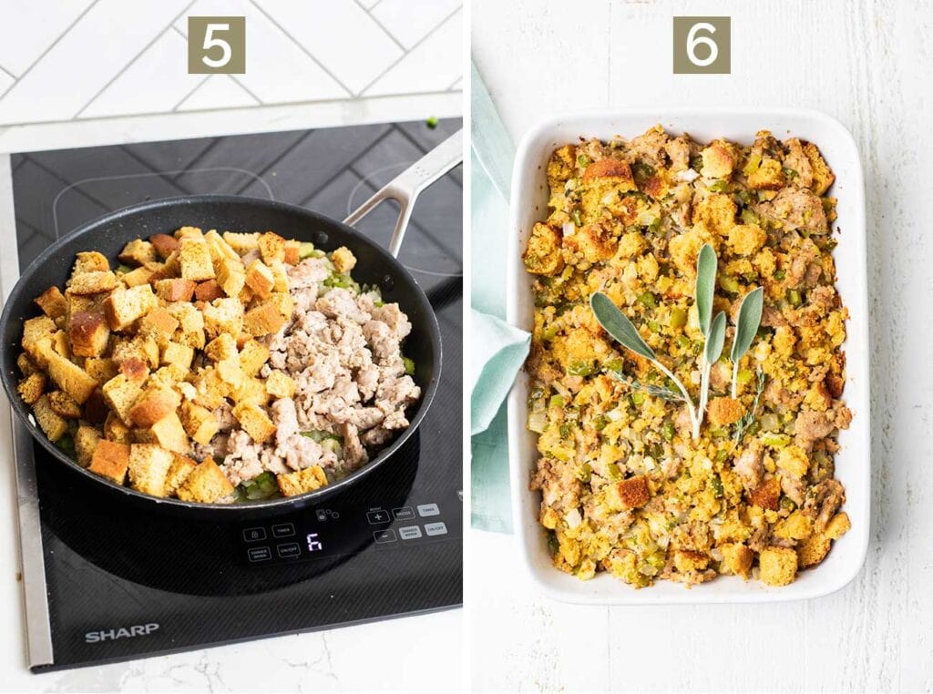 This shows how to combine the holy trinity, the cornbread, and the sausage into the stuffing, and step 6 shows baking the stuffing until it's browned on top.