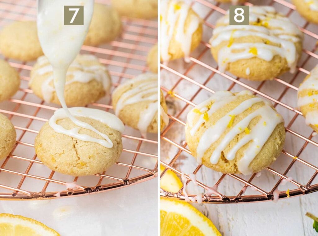 Cooled cookies shown being drizzled with a glaze and topped with lemon zest.