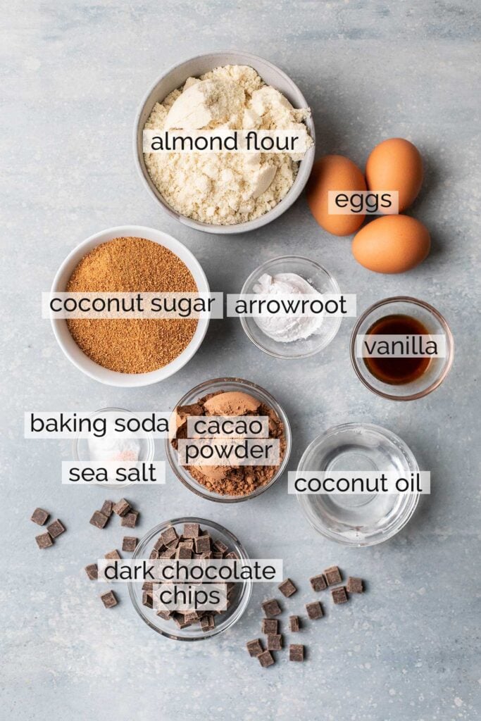 The ingredients needed to make gluten free brownies from almond flour, shown with labels.