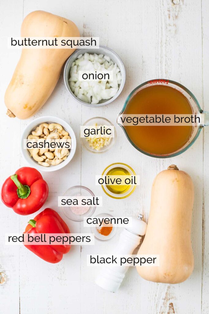 The ingredients needed to make butternut squash soup.