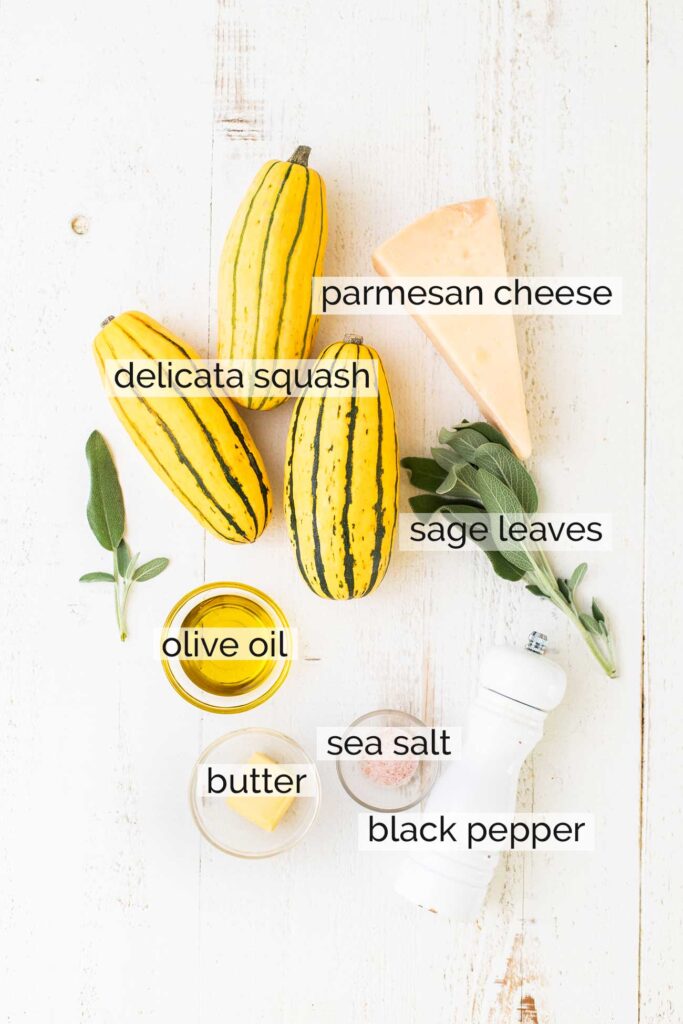 The ingredients needed to make a simple sauteed delicata squash dish.
