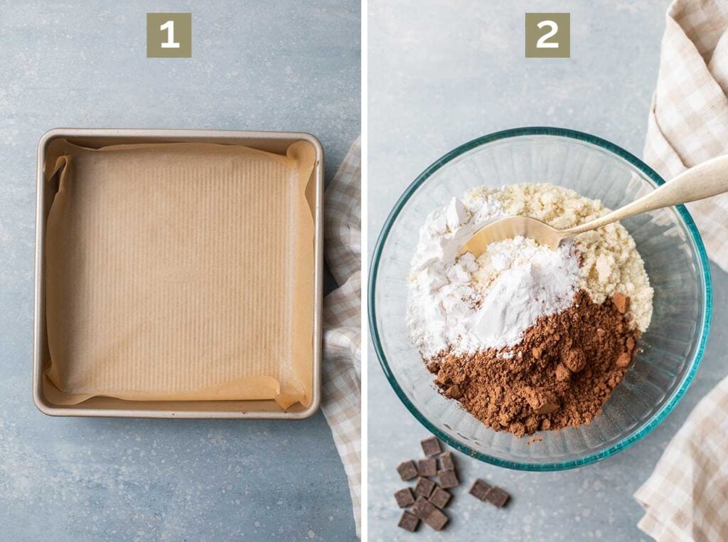 Step 1 shows to line a baking pan with parchment, and step 2 shows combining the dry ingredients in a bowl.