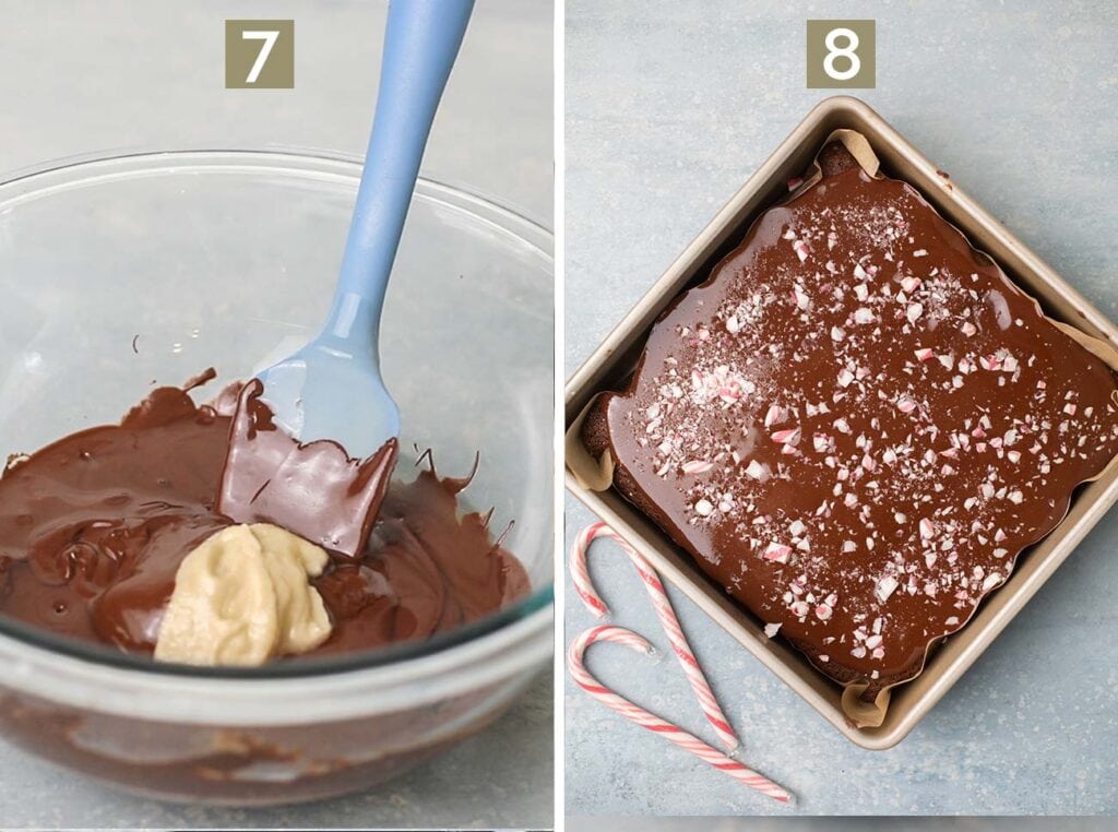 Showing how to make the peppermint fudge and then showing to pour the fudge on top of the brownies.