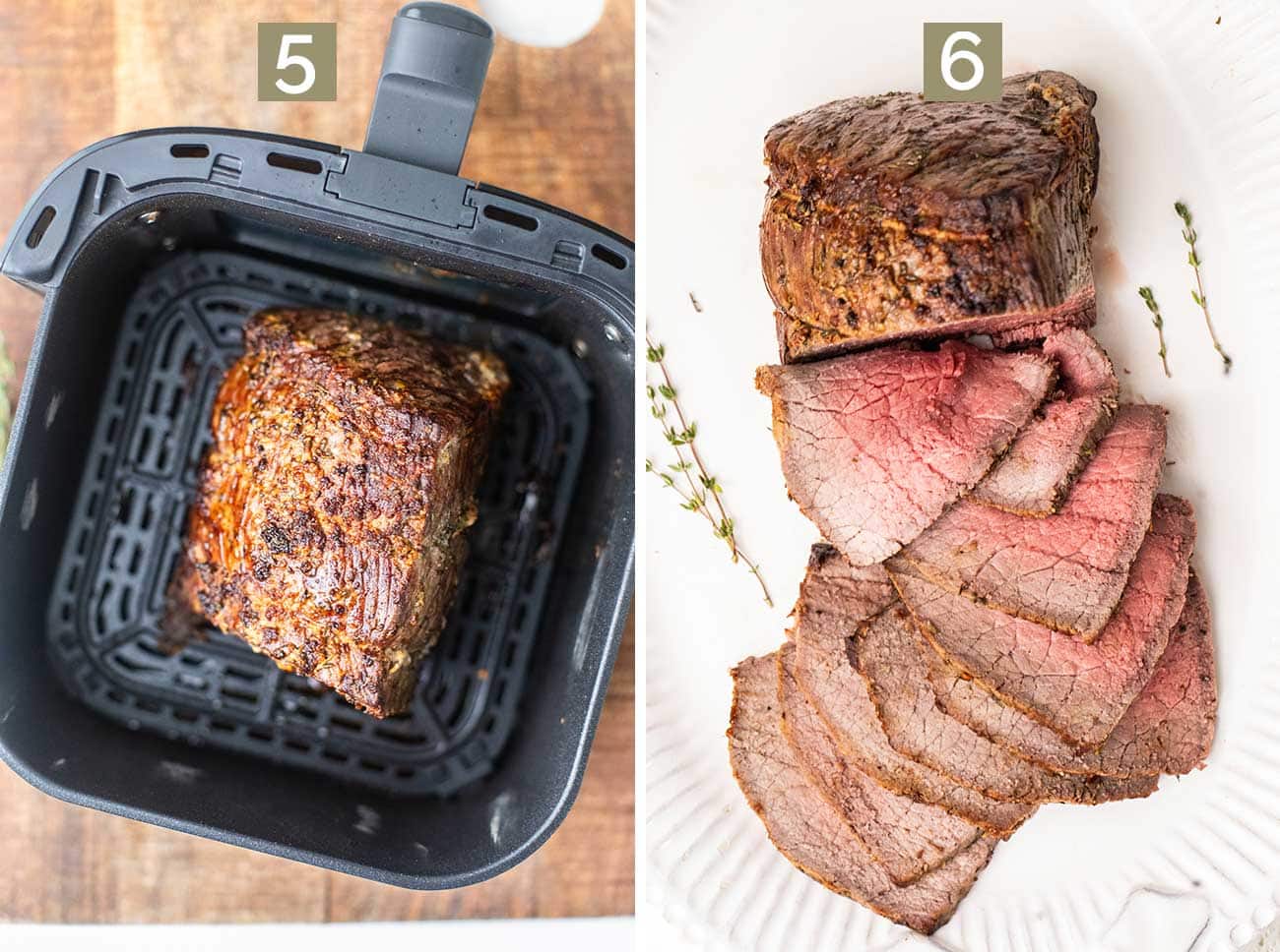 Step 5 shows a cooked beef roast in an air fryer, and step 6 shows the roast being sliced thinly.