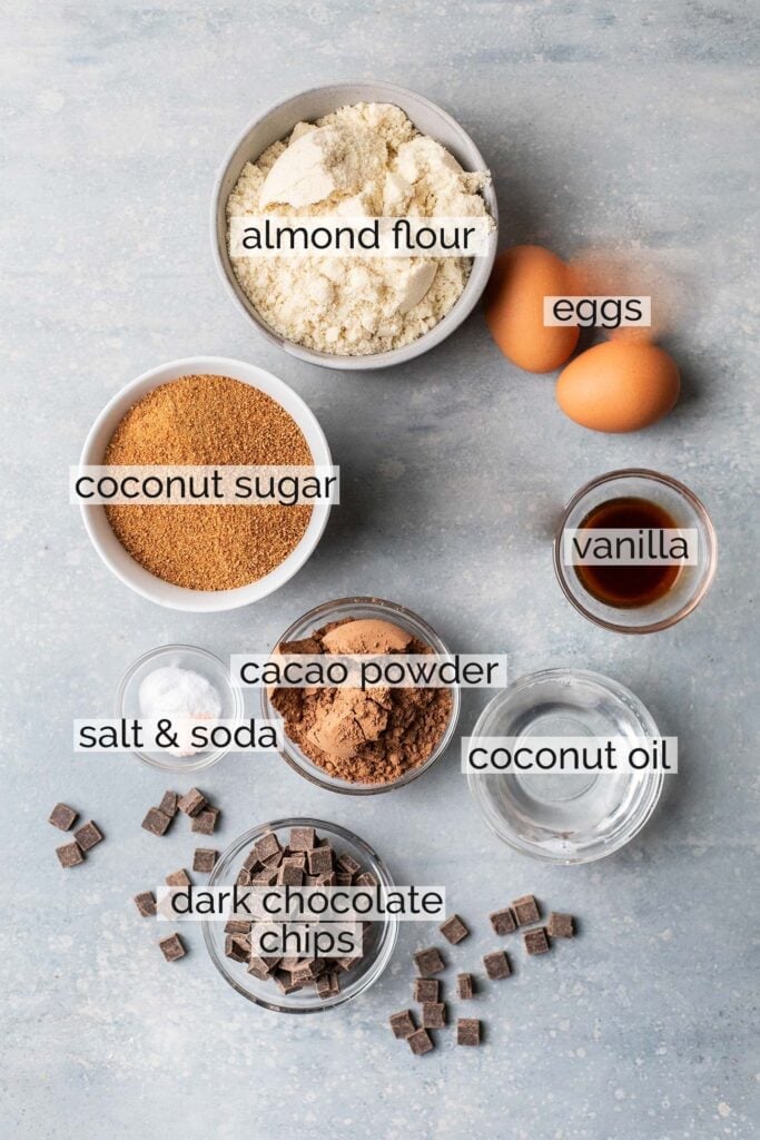 The ingredients needed for almond flour brownies, shown with labels.