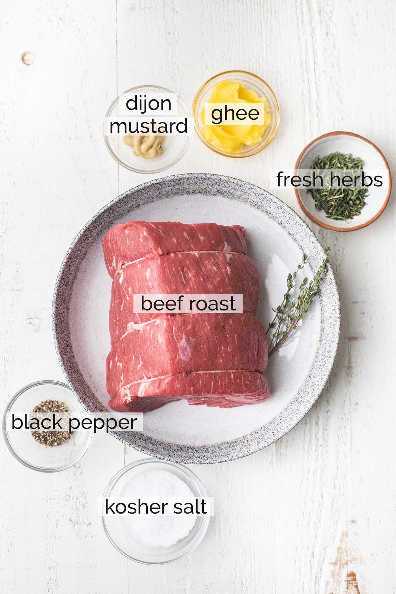 The ingredients needed to make roast beef coated in an herbed butter.
