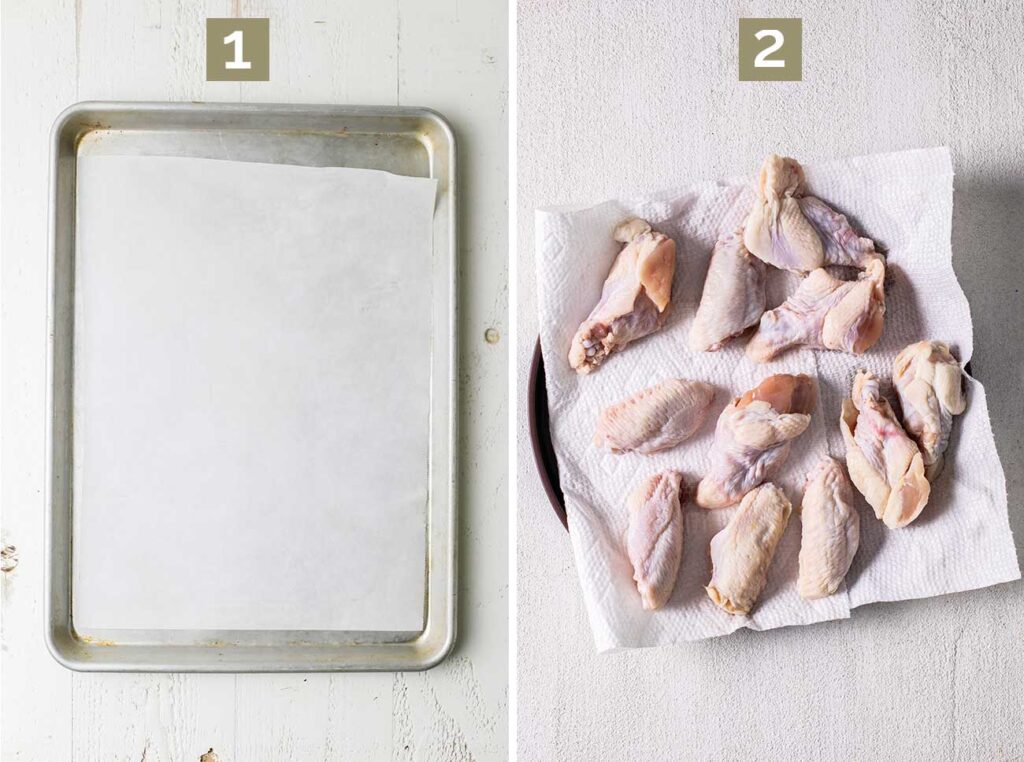 Step 1 shows preparing a baking pan to use to bake the wings, and step 2 shows drying off the chicken wings with a paper towel.