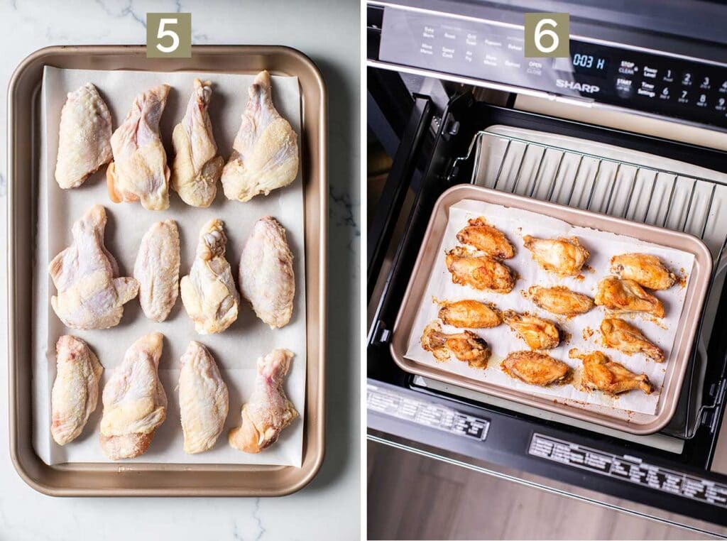 Step 5 shows laying the wings out without crowding the pan, and step 6 shows baking the wings until golden brown.