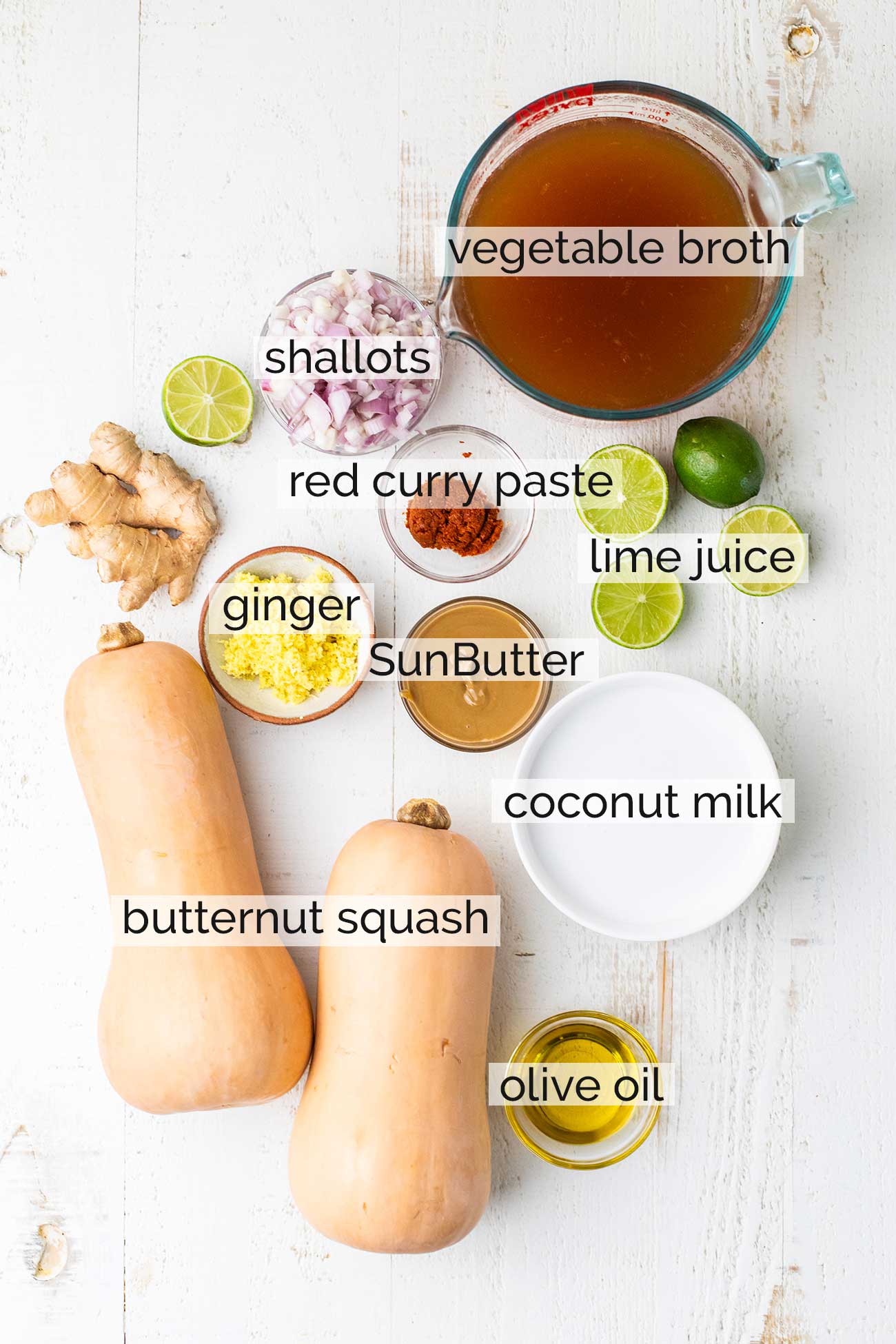 The ingredients needed for Thai Butternut Squash Soup shown with labels.