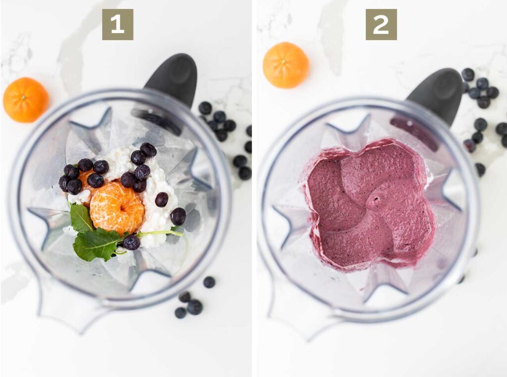 Step 1 shows ingredients going in a blender, and step 2 shows a creamy blended smoothie.