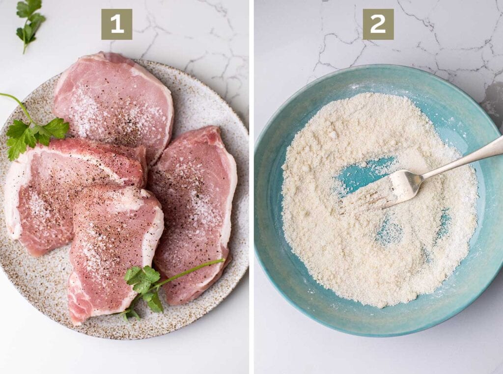Step 1 shows seasoning the pork chops generously with Kosher salt and black pepper. Step 2 shows combining almond flour and arrowroot in a shallow dish.