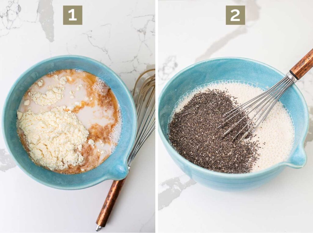 Step 1 shows combining the protein powder, yogurt, and milks, and step 2 shows mixing in the chia seeds.