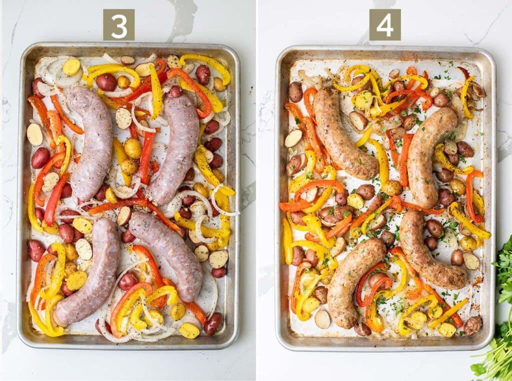 Step 3 shows adding the sausages to the sheet pan, and step 4 shows baking the sausage and veggies for 30 minutes.