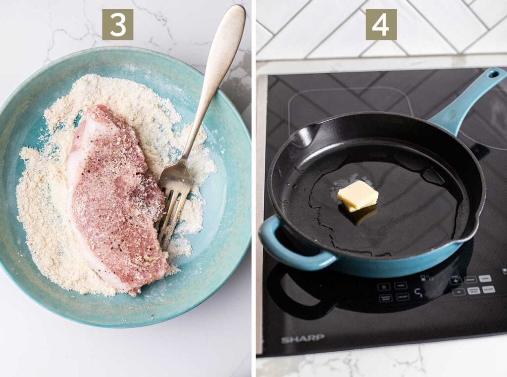 Step 3 shows lightly coating the pork chops, and step 4 shows melting butter in a skillet.