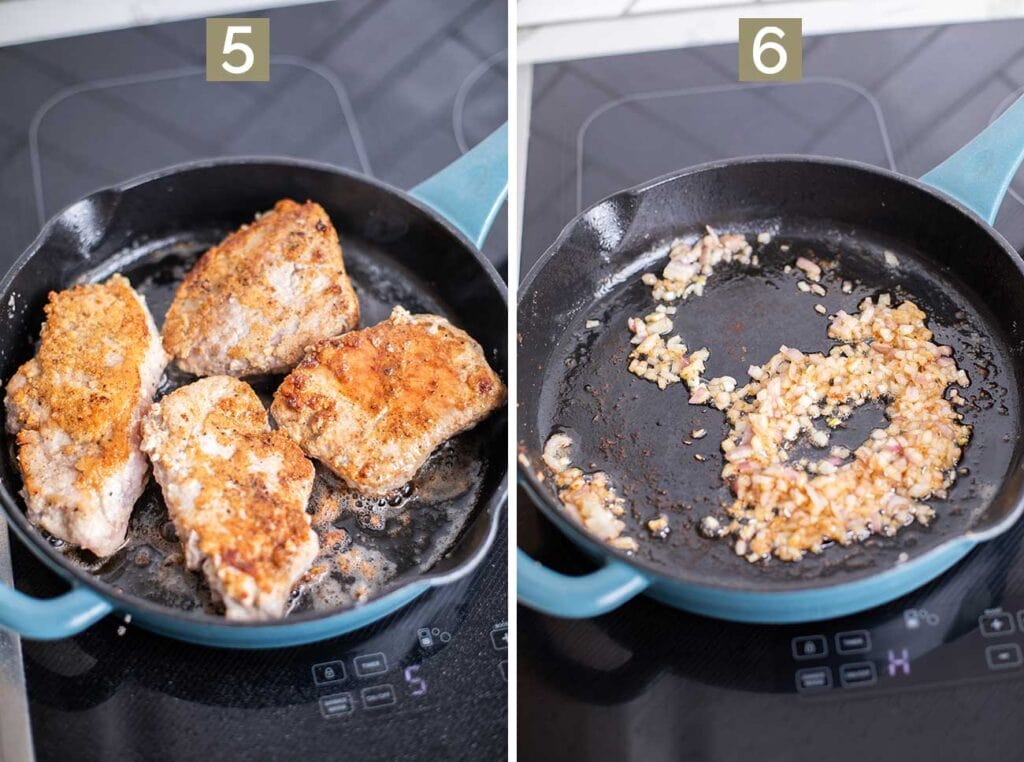 Step 5 shows browning the pork chops in a skillet, and step 6 shows sauteing shallots in the skillet.