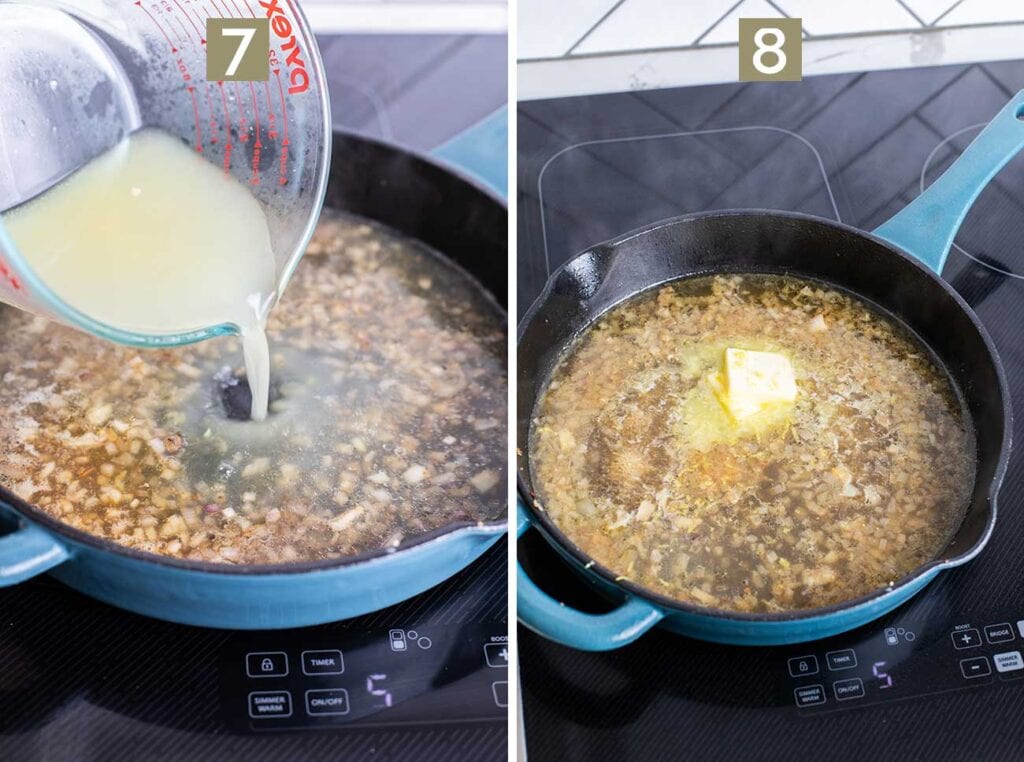Step 7 shows adding chicken stock to the skillet, and step 8 shows adding the butter, lemon juice, and lemon zest.