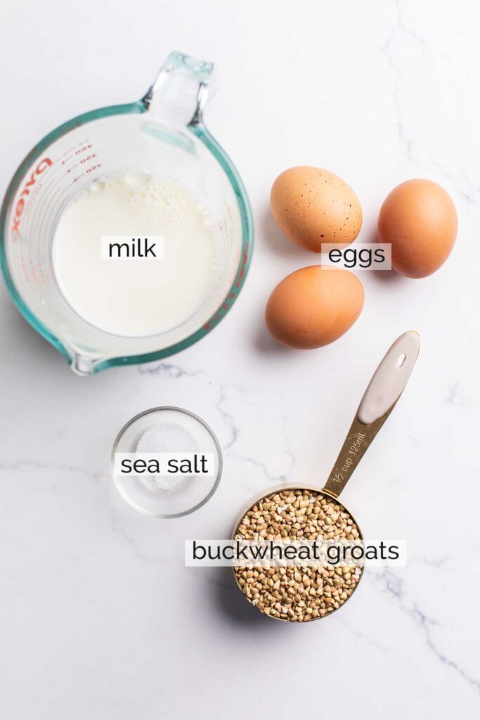 The ingredients needed to make buckwheat crepes.