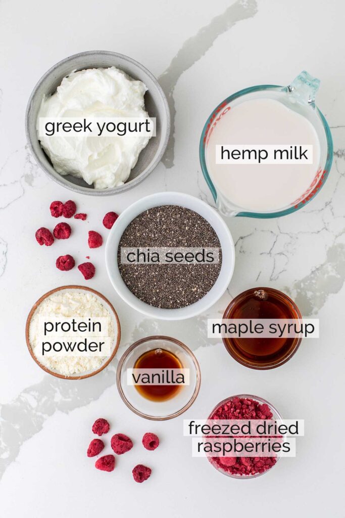 The ingredients needed to make chia seed protein pudding.