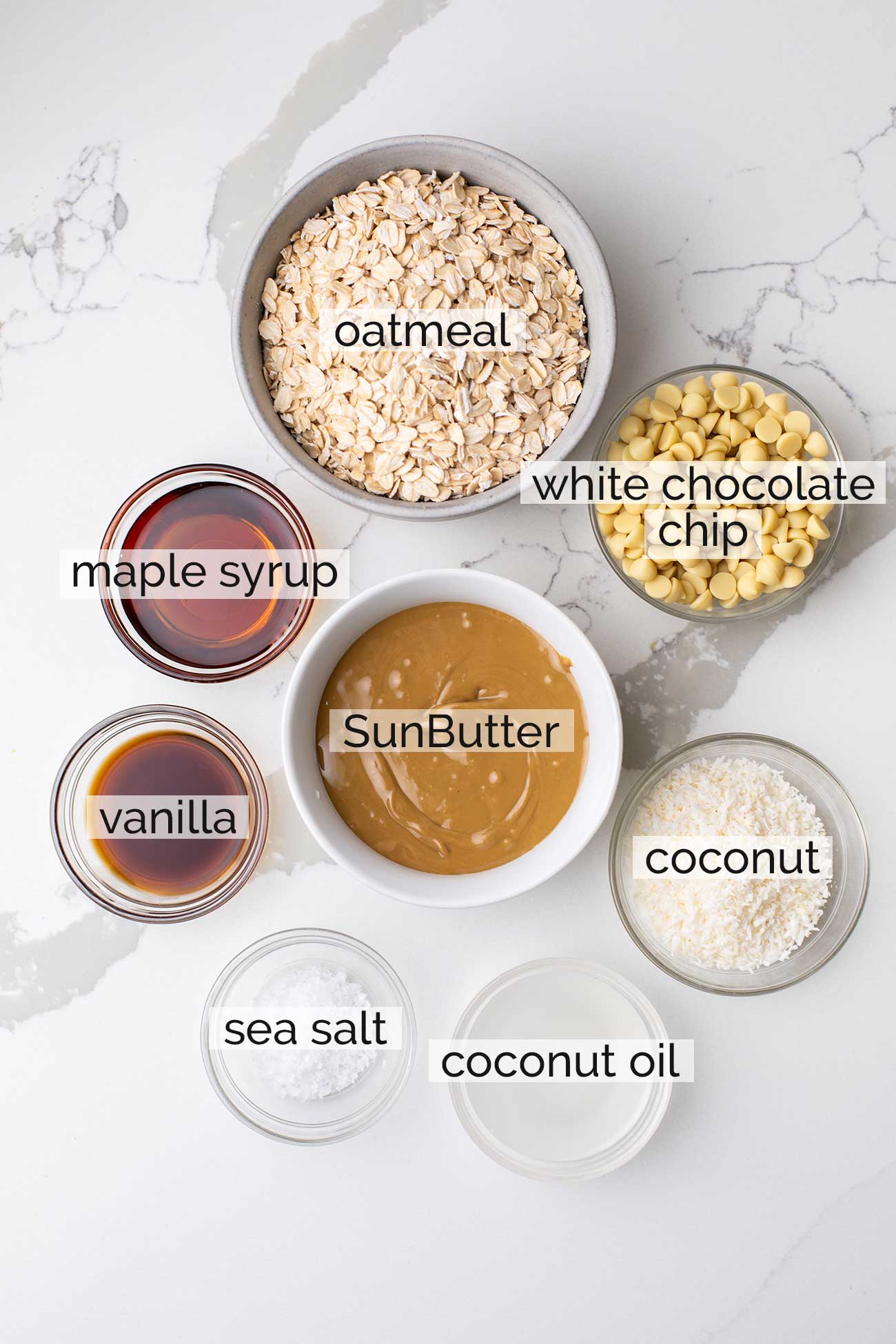 The ingredients needed to make caramel no bake cookies.