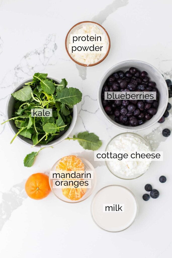 The ingredients needed to make a cottage cheese smoothie.