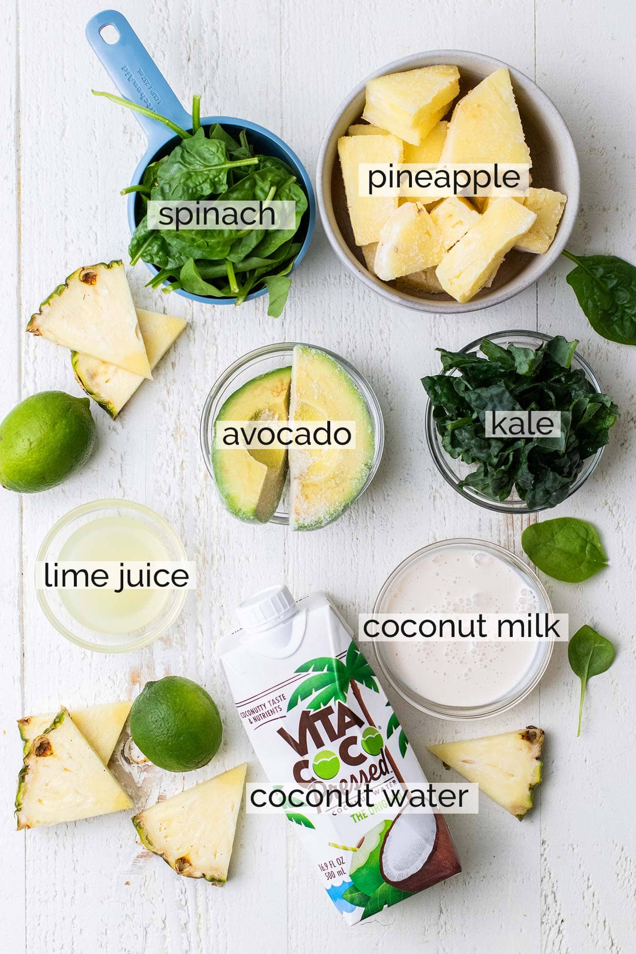 The ingredients needed to make a tropical smoothie avocolada remake.