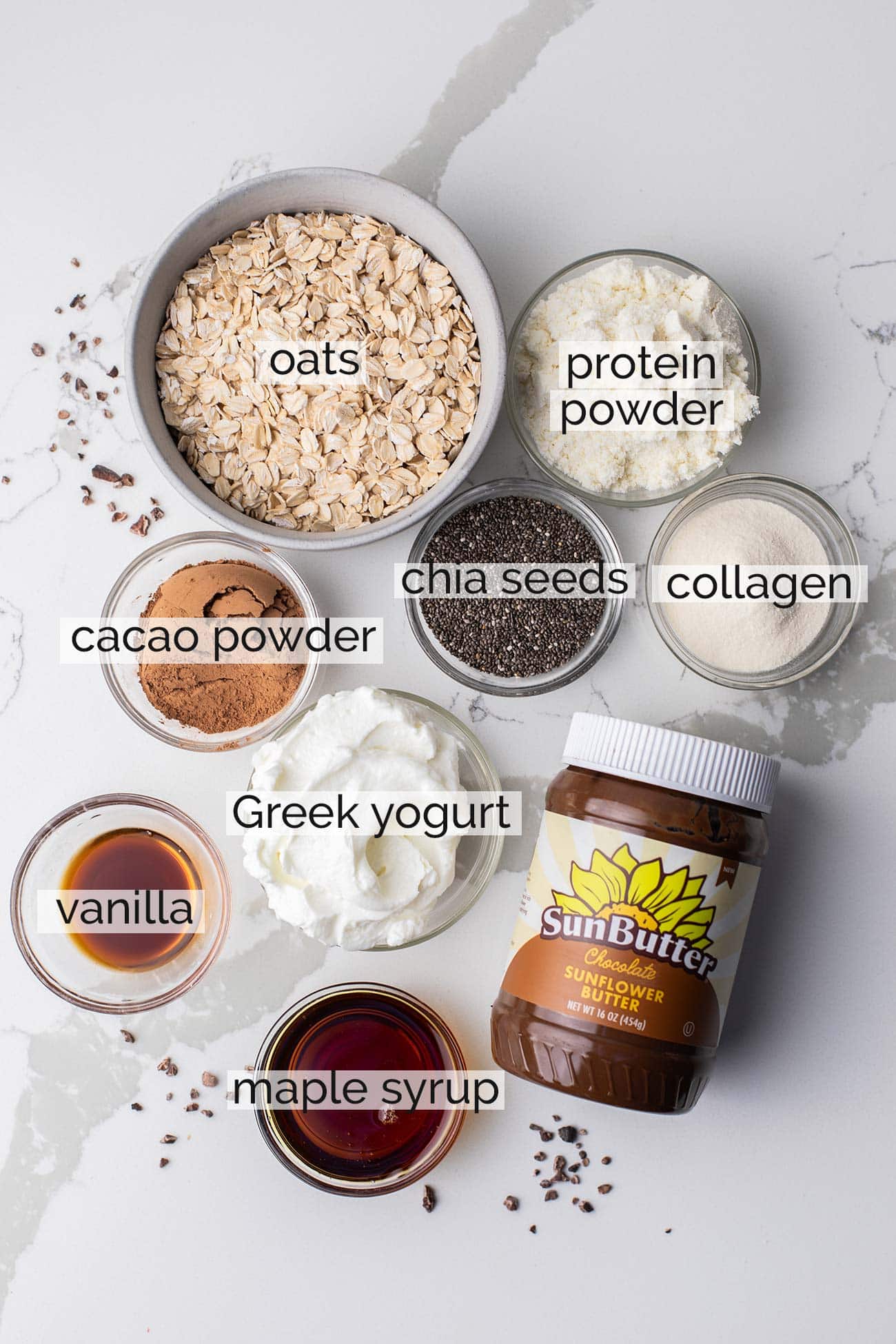 The ingredients needed to make chocolate protein overnight oats.
