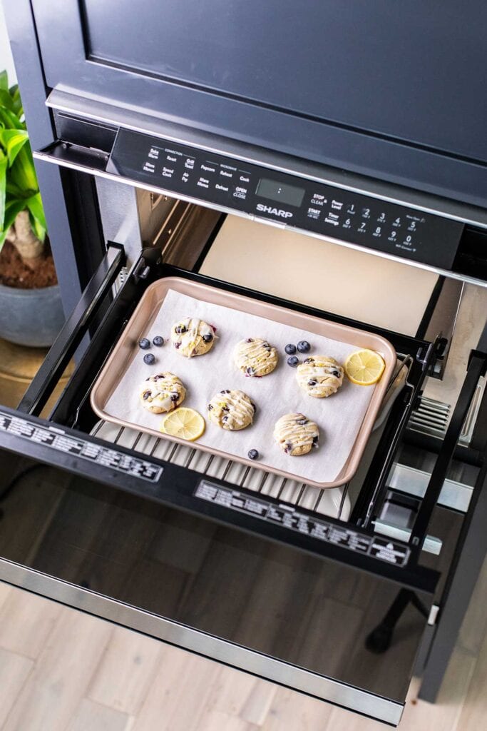 A pan of cookies sitting in the Sharp Convection Microwave Oven.