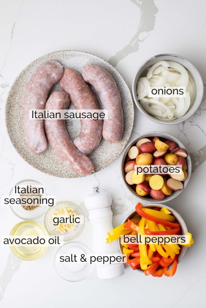 The ingredients needed to make this Italian sausage bake.