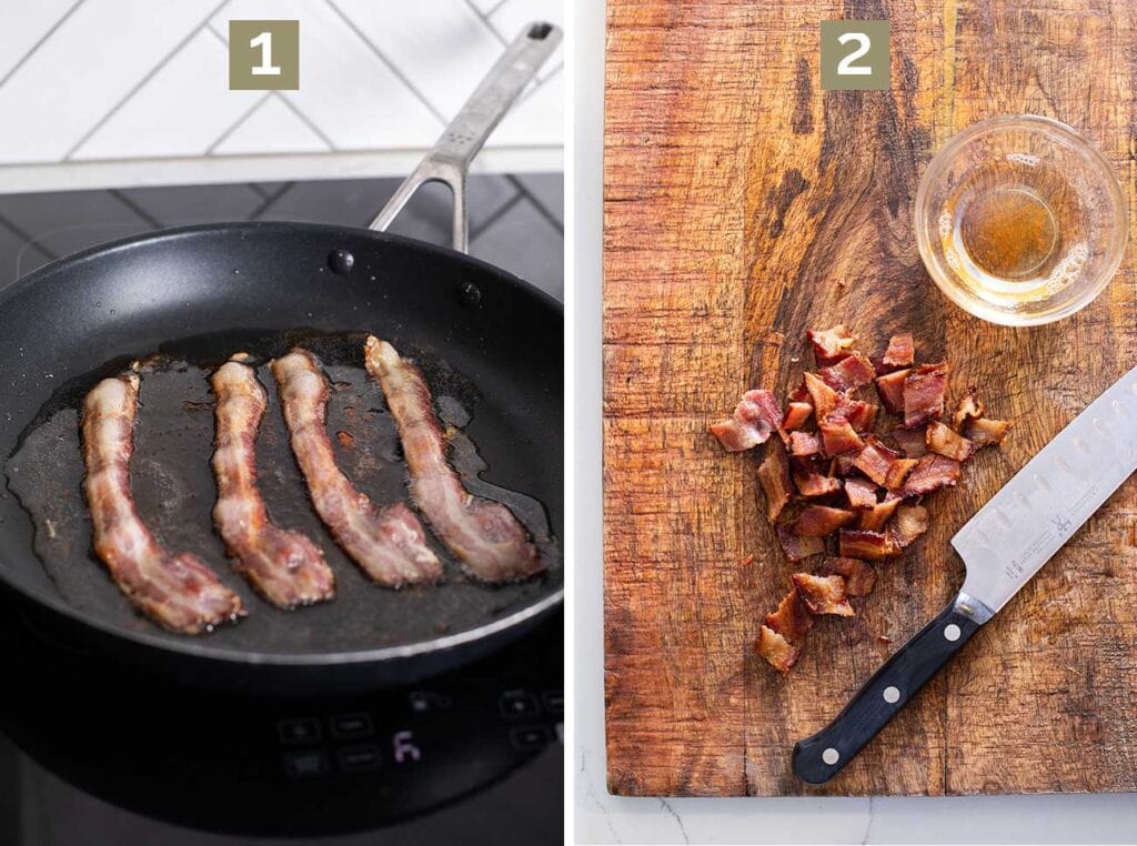 Step 1 shows cooking the bacon until crisp, and step 2 shows chopping the bacon into bits.