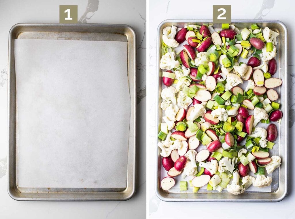 Step 1 shows a sheet pan with parchment paper. Step 2 shows potatoes, leeks, and cauliflower on the baking pan.