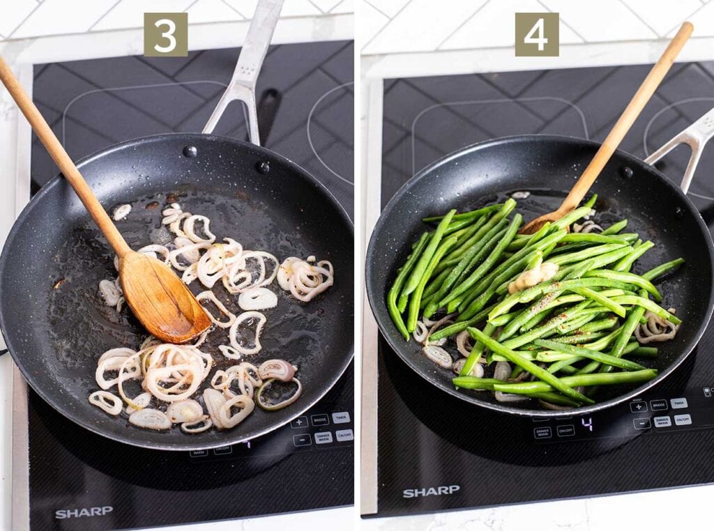 Step 3 shows caramelizing the shallots in bacon grease, and step 4 shows sauteing the green beans.