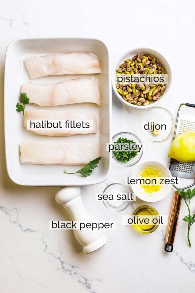 The ingredients needed to make pistachios crusted halibut.