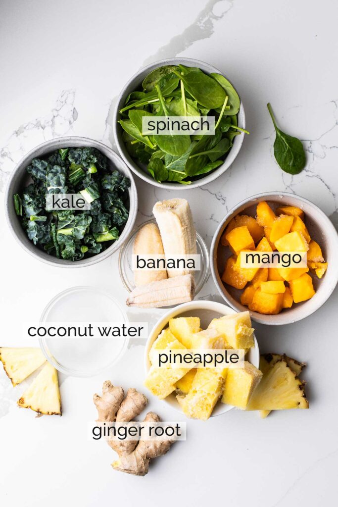The ingredients needed to make a tropical smoothie cafe detox island green smoothie.