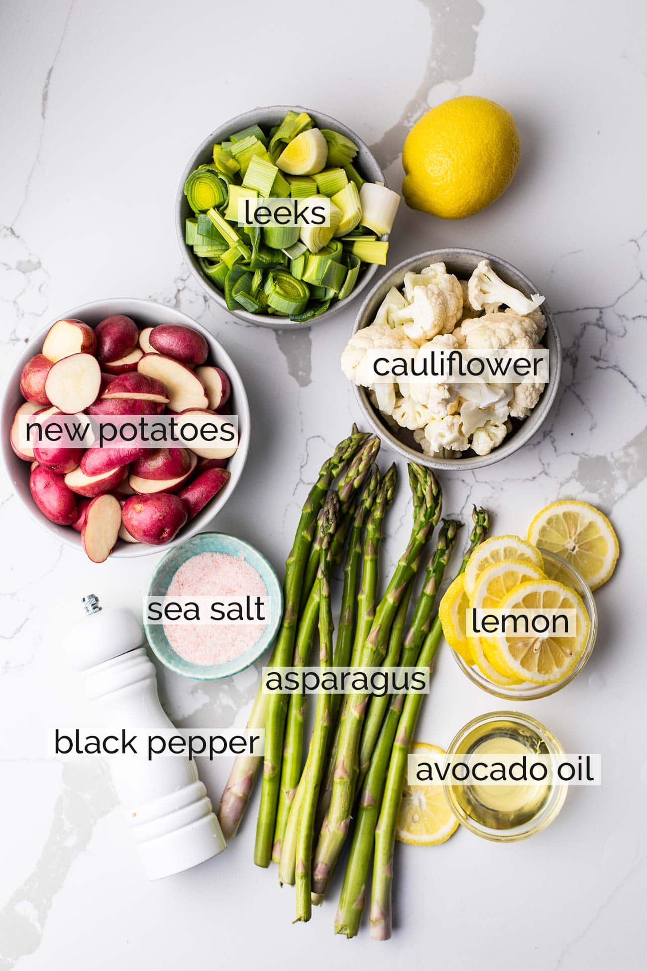 The ingredients needed for spring roasted vegetables shown with labels.