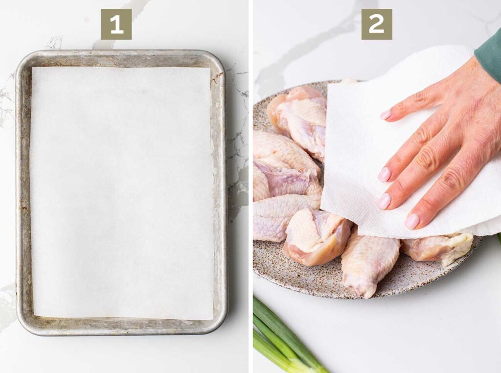 Step 1 shows lining a baking pan with parchment. Step 2 shows drying off chicken wings with a paper towel.
