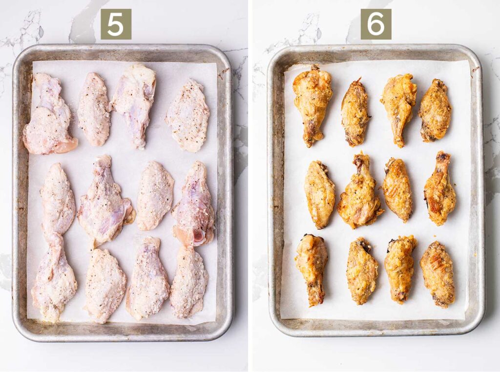 Step 5 shows placing the wings on a baking tray, leaving room for air to circulate. Step 6 shows baking the wings until crisp.