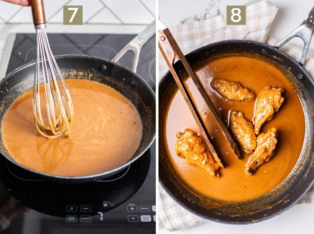 Step 7 shows whisking together the wing sauce, and step 8 shows dipping the crispy baked wings into the sauce.