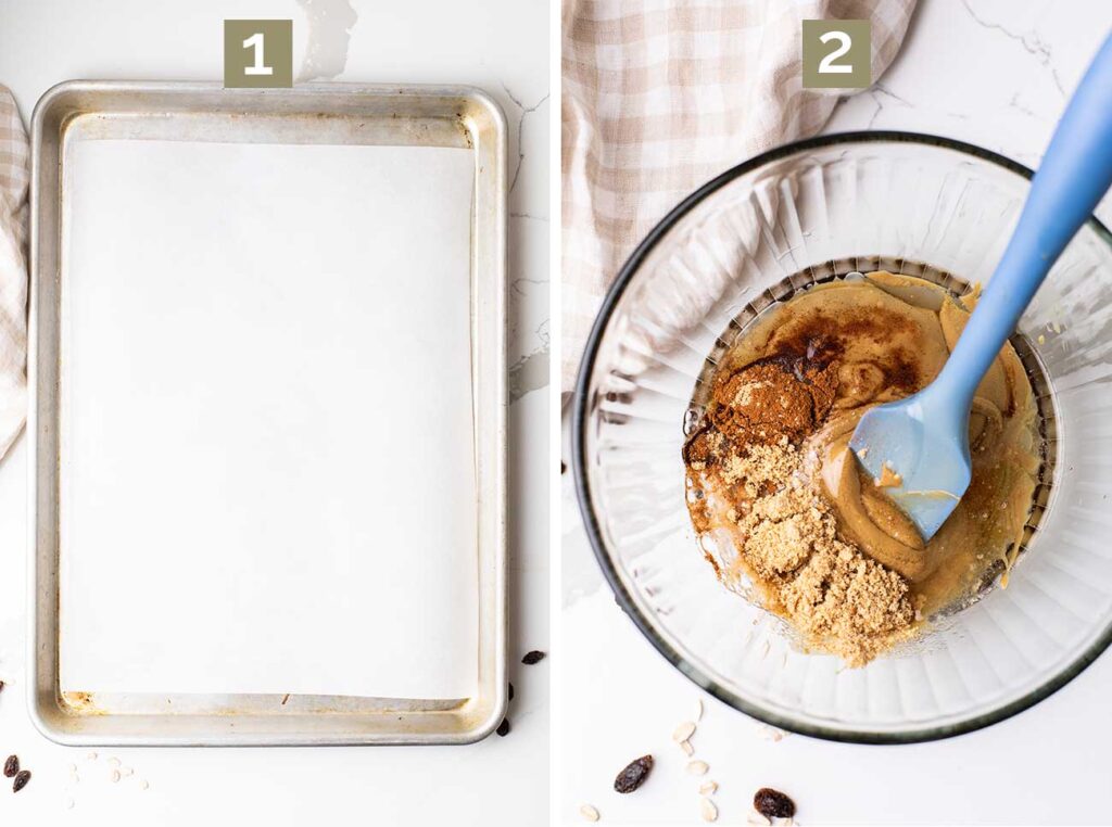 Step 1 shows lining a cookie sheet with parchment paper. Step 2 shows adding the wet ingredients into a mixing bowl.